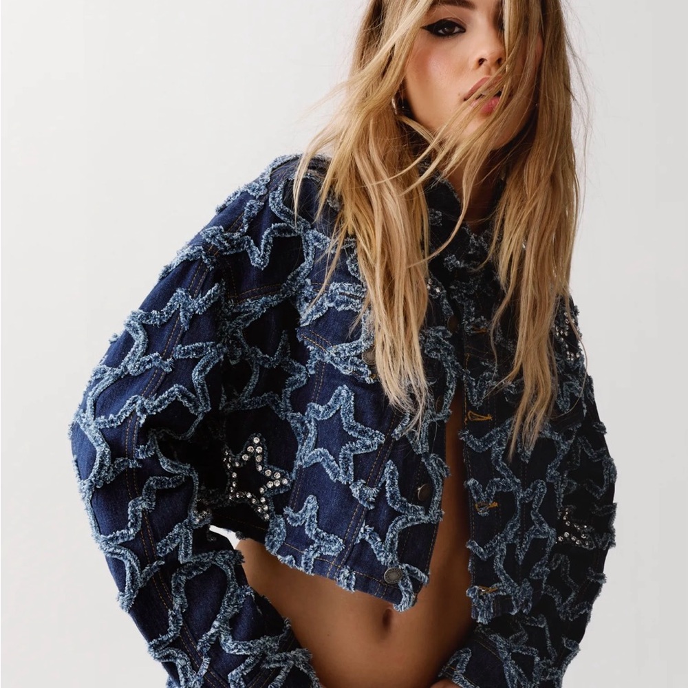 Nasty Gal Blue Denim Jacket with Star Accents